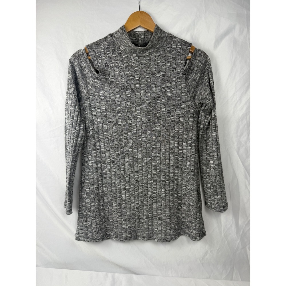 Snap M Gray Marled Cold Shoulder Mock Neck Knit Tunic Top Made USA